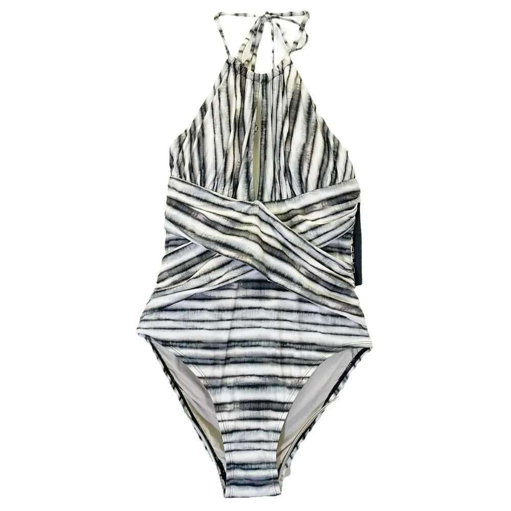 NWT LA BLANCA High Neck Tummy Control One Piece Swimsuit Burch Gray Ivory Size 6 - Image 3