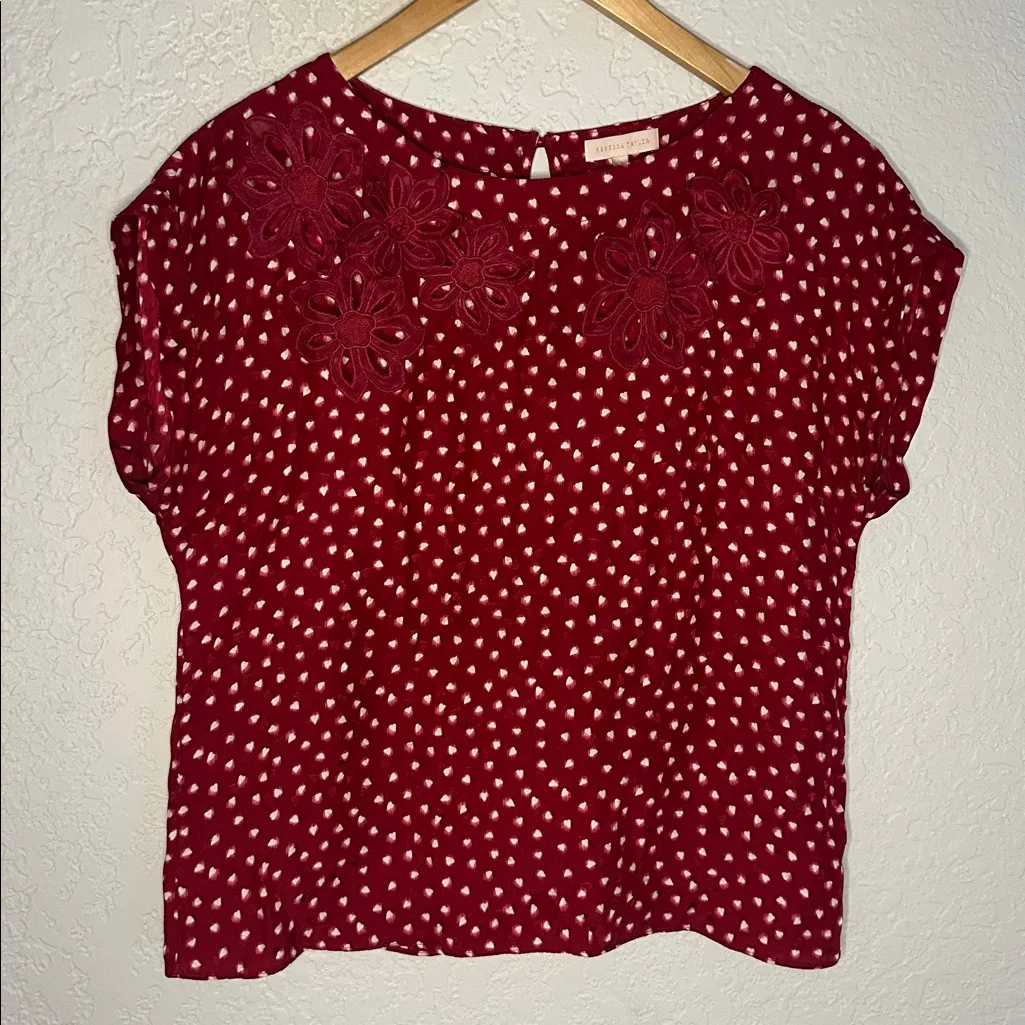 Rebecca Taylor 3D Applique Red Floral Heart Top 100% Silk Size 2 Valentines Love - Image 3