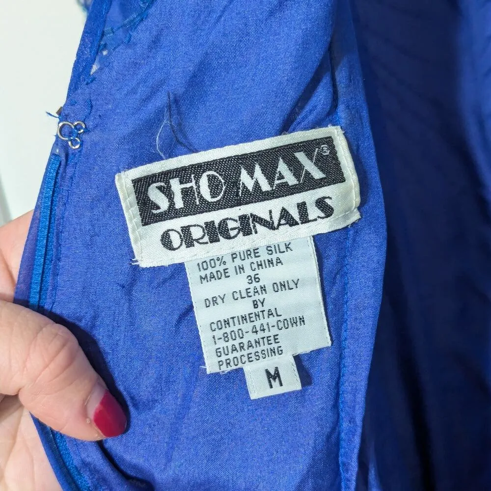 Vintage Silk Beaded Long Sleeve Cocktail Dress Shoulder Pads Illusion Neckline Blue Size M - Image 7