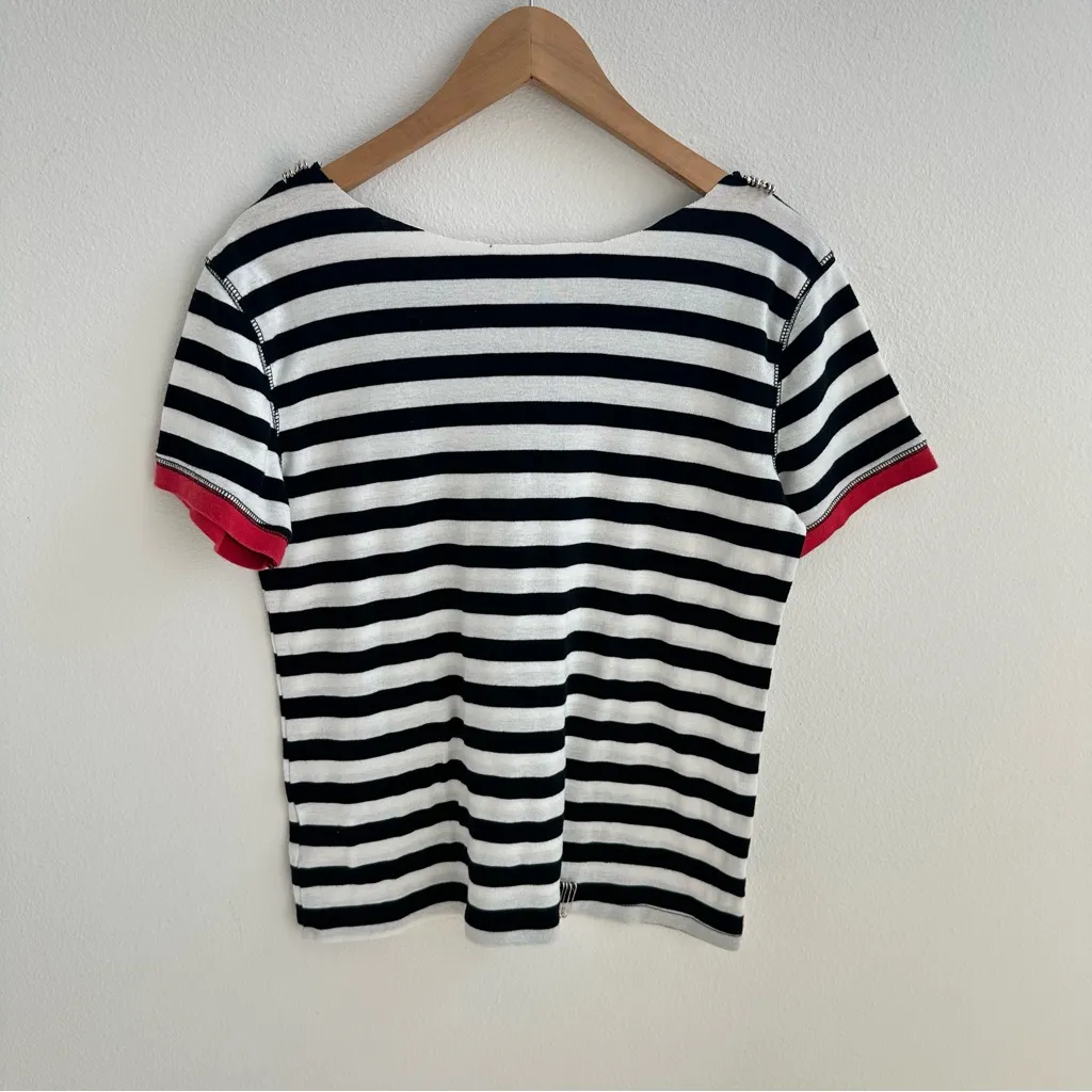 Punk Safety Pins Black & White Stripe Off the Shoulder T - Image 8