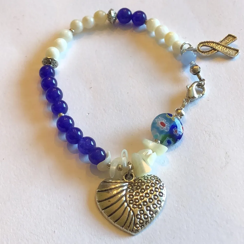 Blue & White Beaded Boho Breast Cancer Ribbon & Heart Charm Bracelet - Image 3