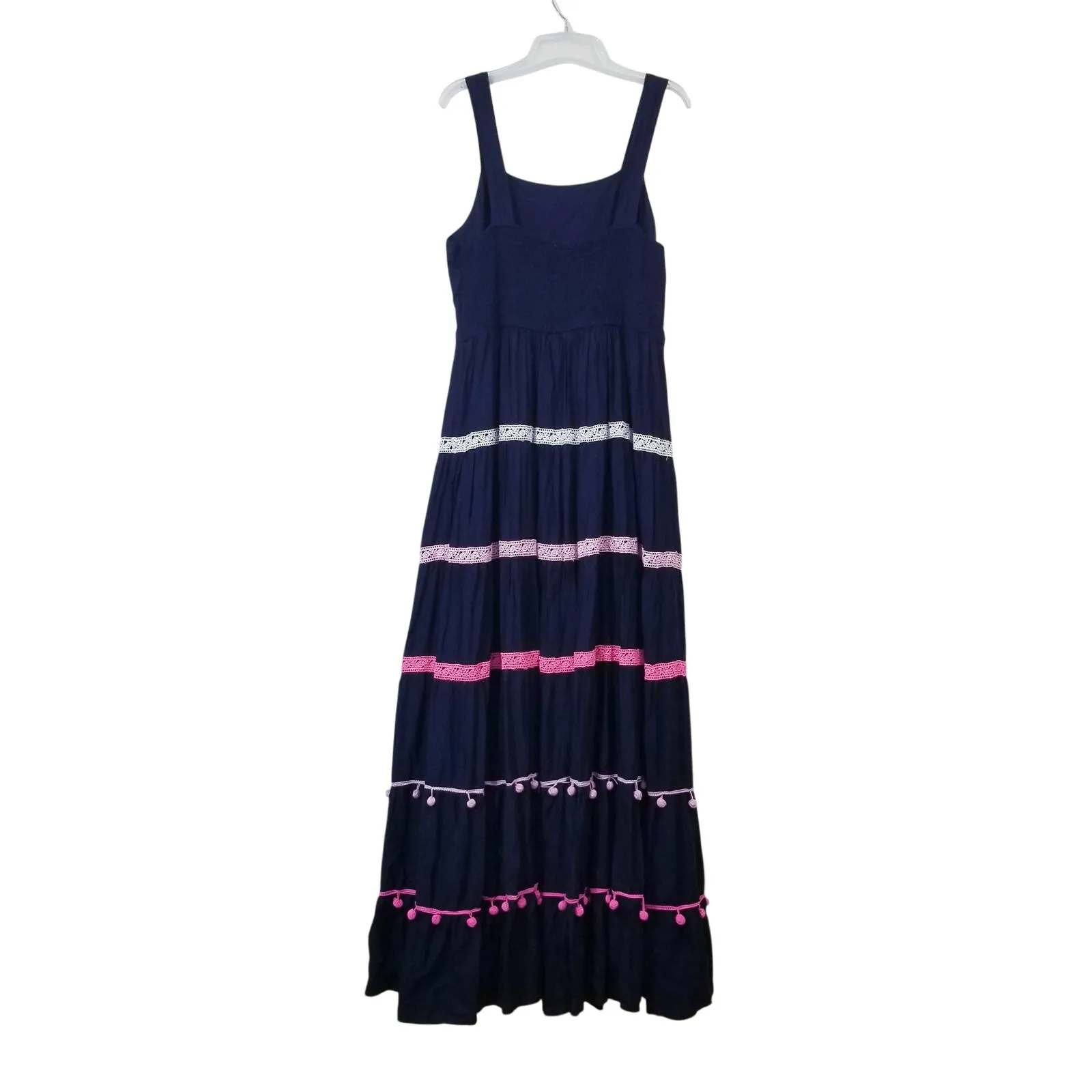 Crown Ivy Navy Blue Smocked Tiered Maxi Dress Lace Pom Pom Details - Image 3