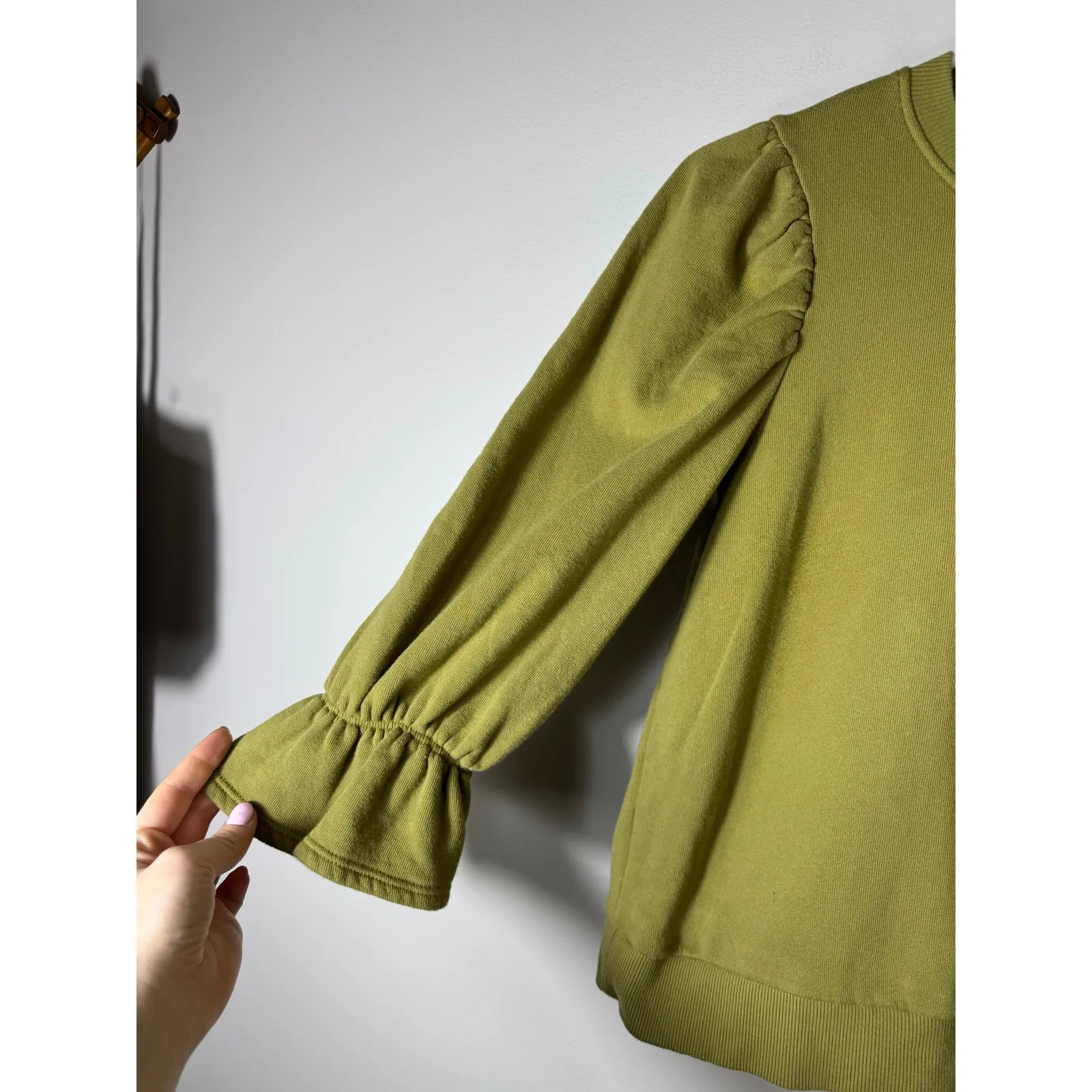 Nation LTD Cotton Olive Green Puff Sleeve Sweatshirt Size XS - Image 2