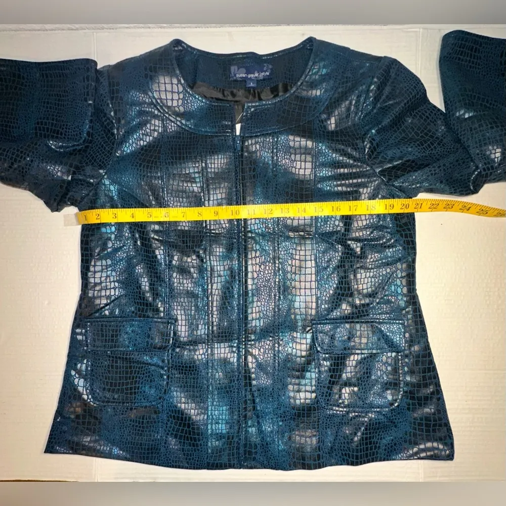 SUSAN GRAVER Jacket Womens Size Small Teal Reptile Faux Leather Zip Up Lined New - Image 4