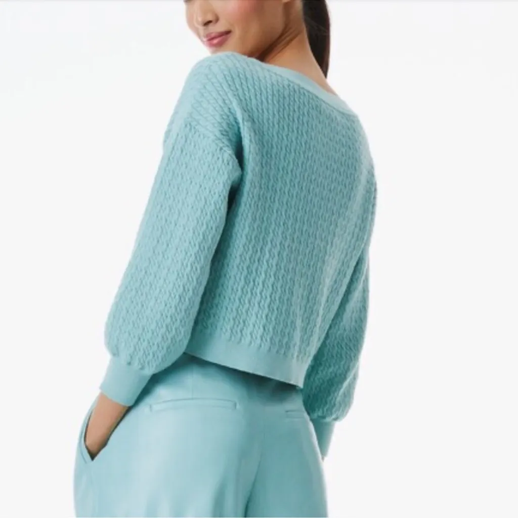 EUC Alice + Olivia Seafoam Green Teal Cable Knit Cropped Cardigan Sweater Sz XL - Image 3