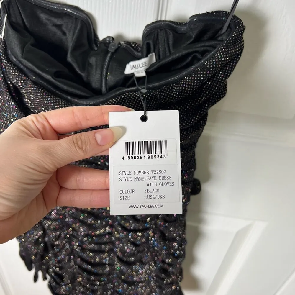 SAU LEE Revolve Black Strapless Faye Metallic Ruched Mini Dress W/ Gloves 4 - Image 9