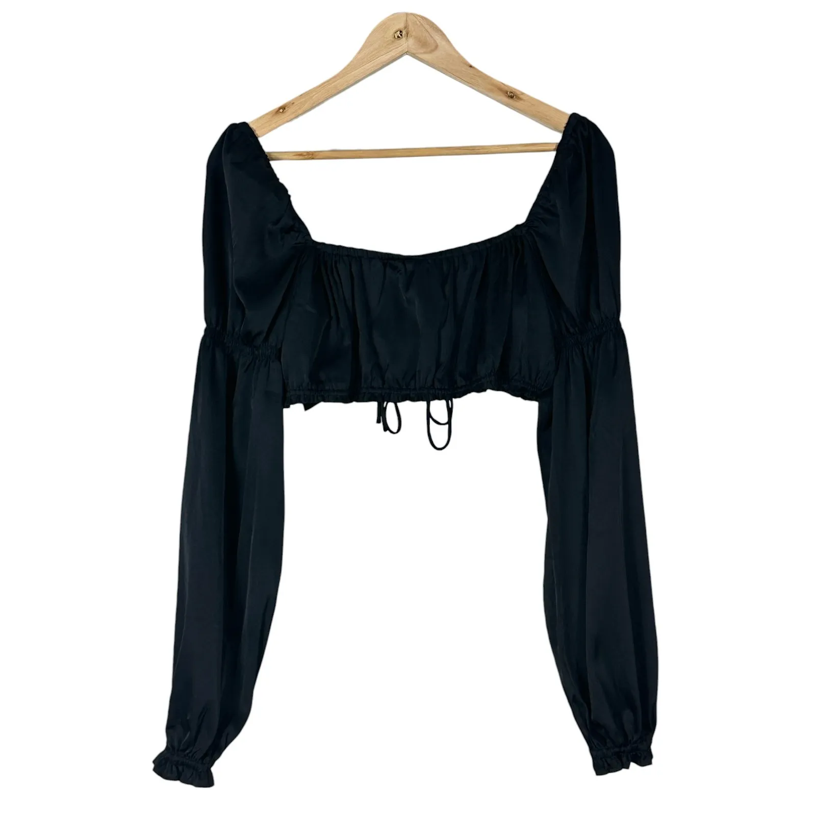H&M Puff Sleeve Crop Top Womens M Black Satin Fairy Cottagecore Whimsigoth Y2K - Image 4