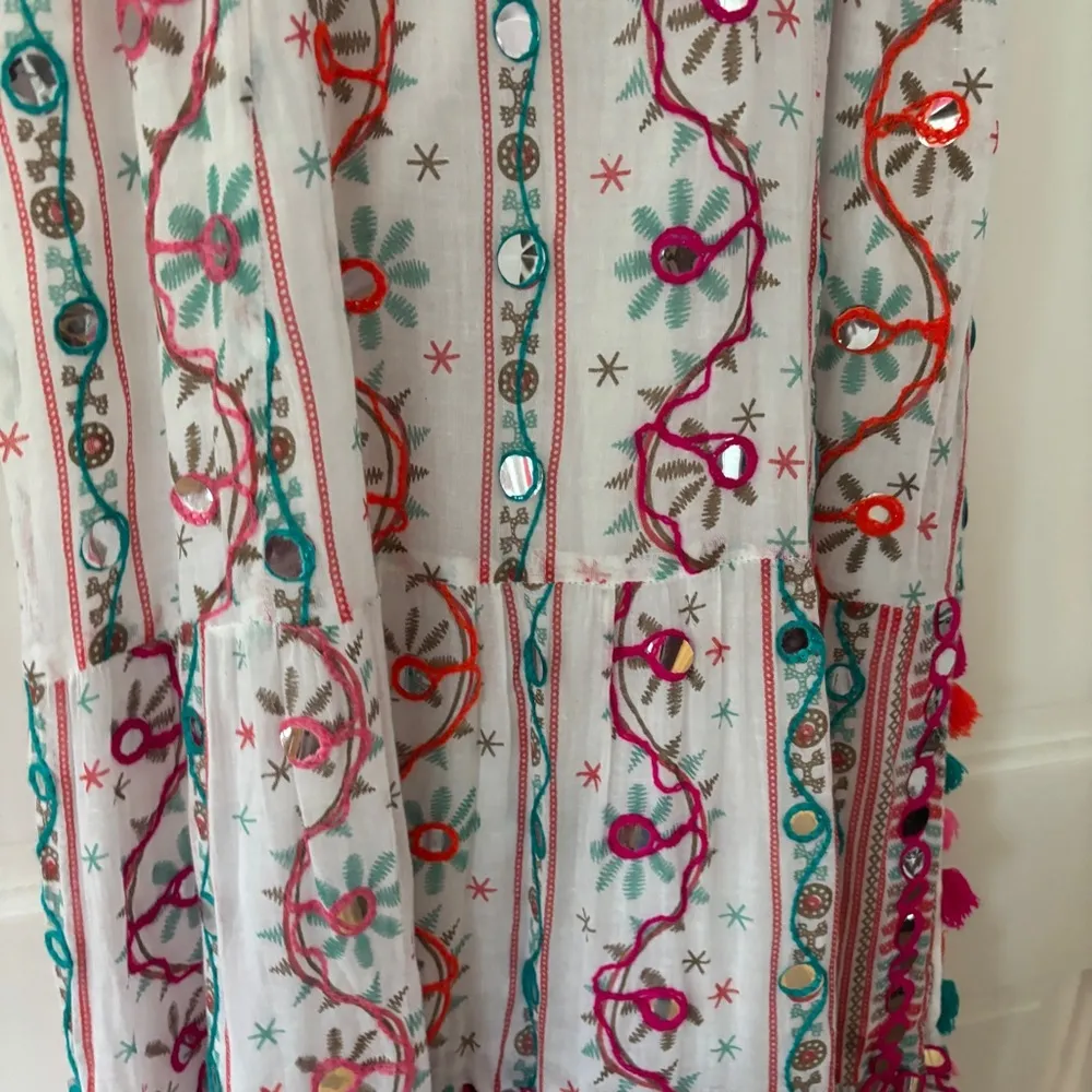 Juliet Dunn London Tribal Tassel Maxi Dress White Jade Embroidered Size 2 US 6/8 Pink Size M - Image 5