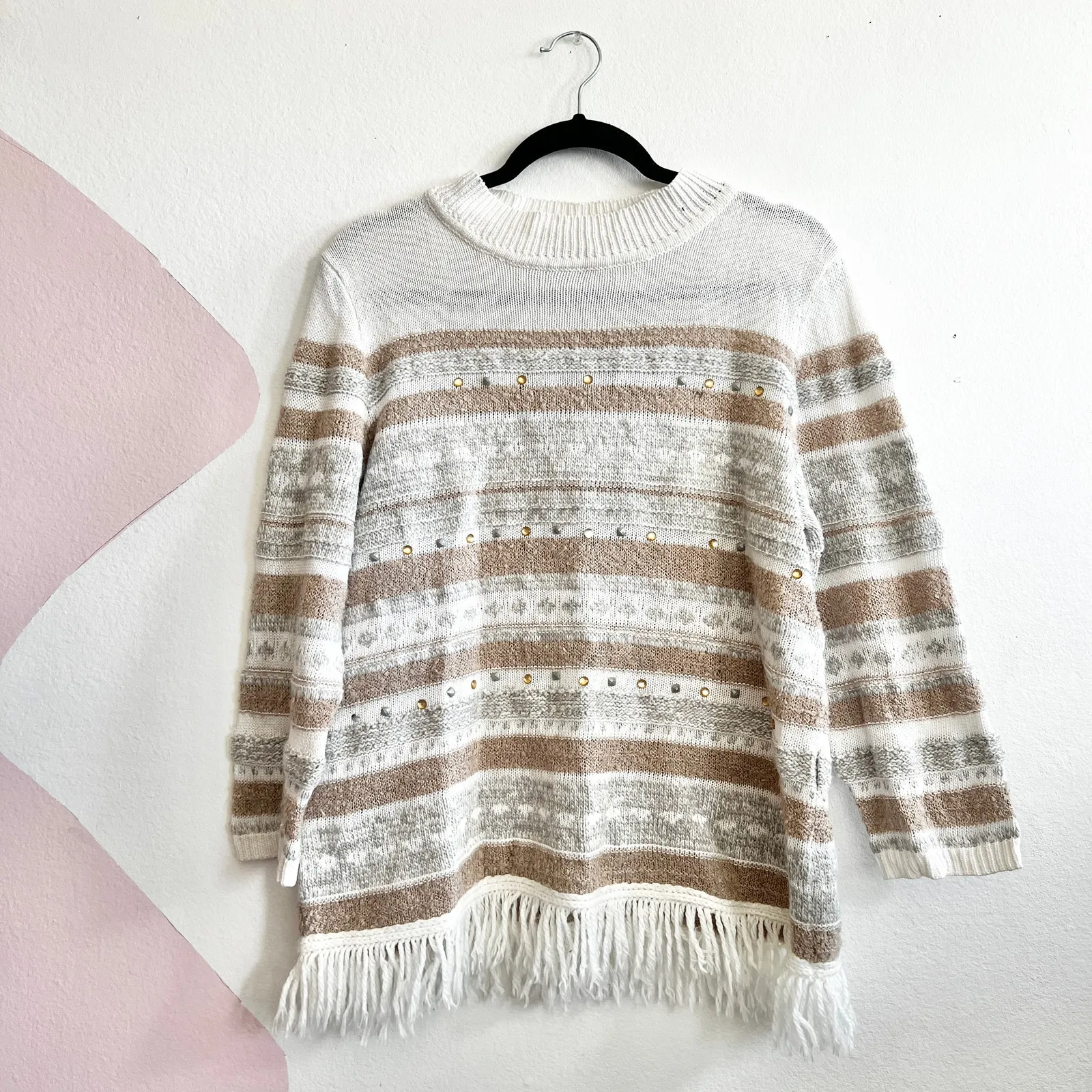 Alfred Dunner Striped Fringe Sweater Cozy Knit Classic Cottagecore Boho Large - Image 2