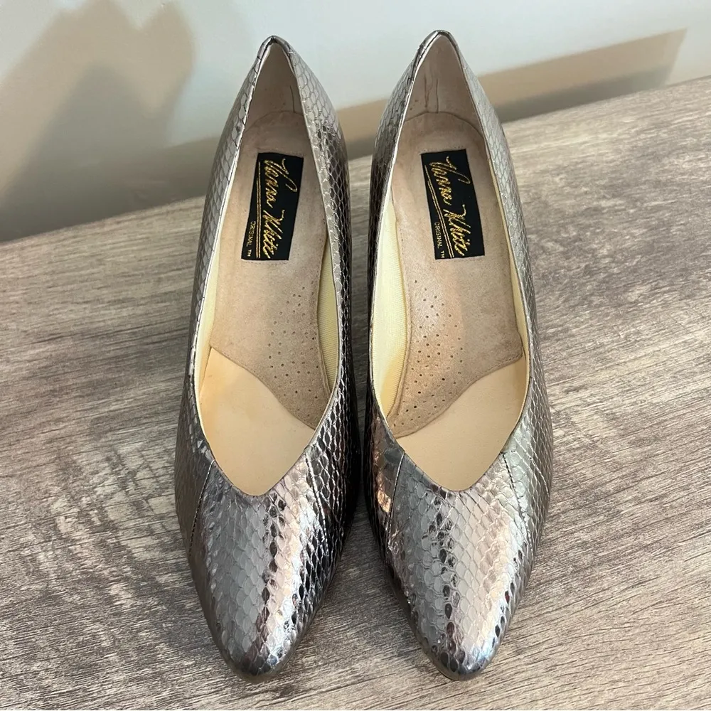 Vintage Vanna White Silver Heels Shoes Women’s Size 9 Leather Reptile Scale - Image 4