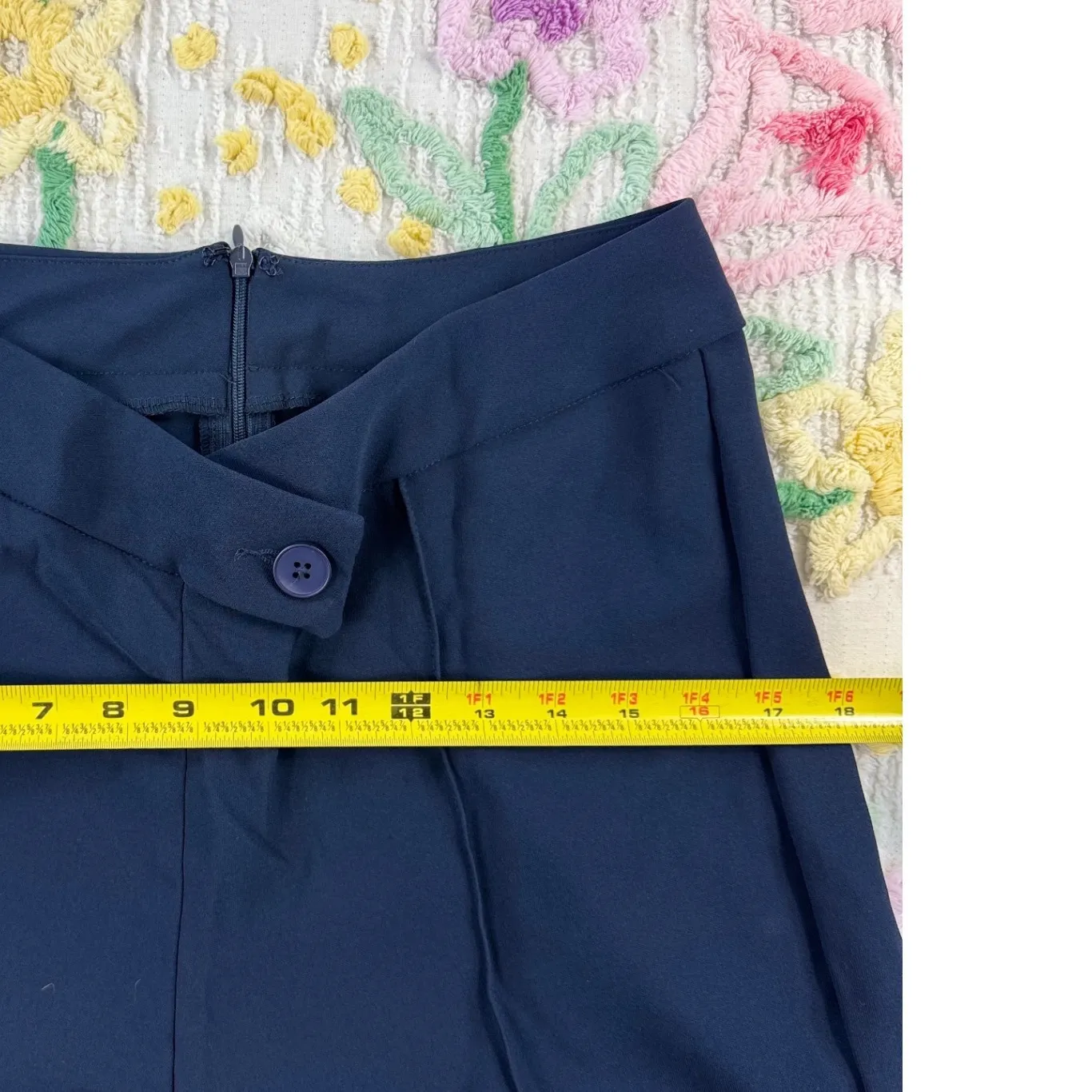 SHEIN Wide Leg Pants Navy Blue High Waisted‎ Button Detail Pleated Culottes L - Image 4