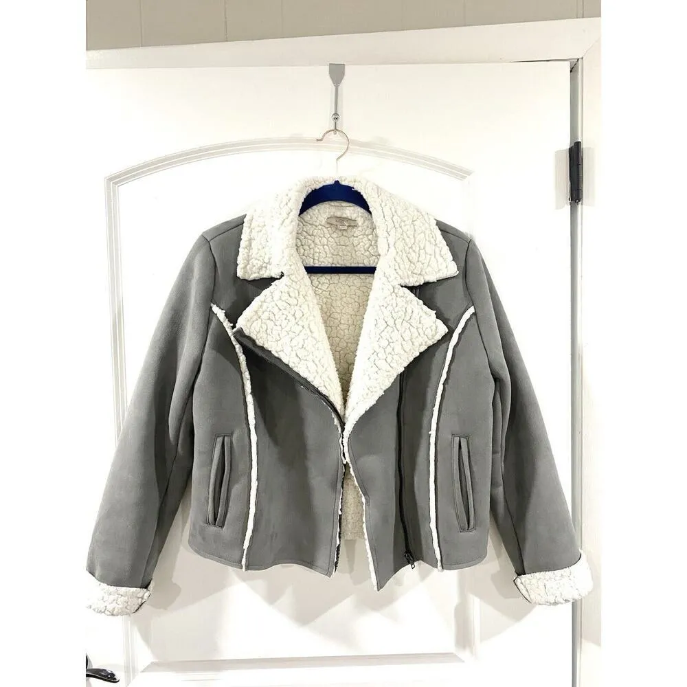 LOFT Women's Moto Jacket Sz Small Asymetrical Sherpa Gray Suede - Image 3