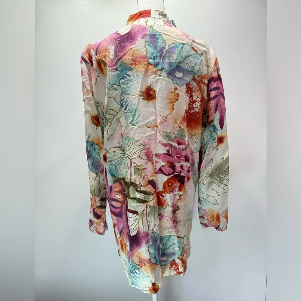 Coldwater Creek Linen Blend Tropical Floral Long Sleeve Long Blazer Jacket PM - Image 6
