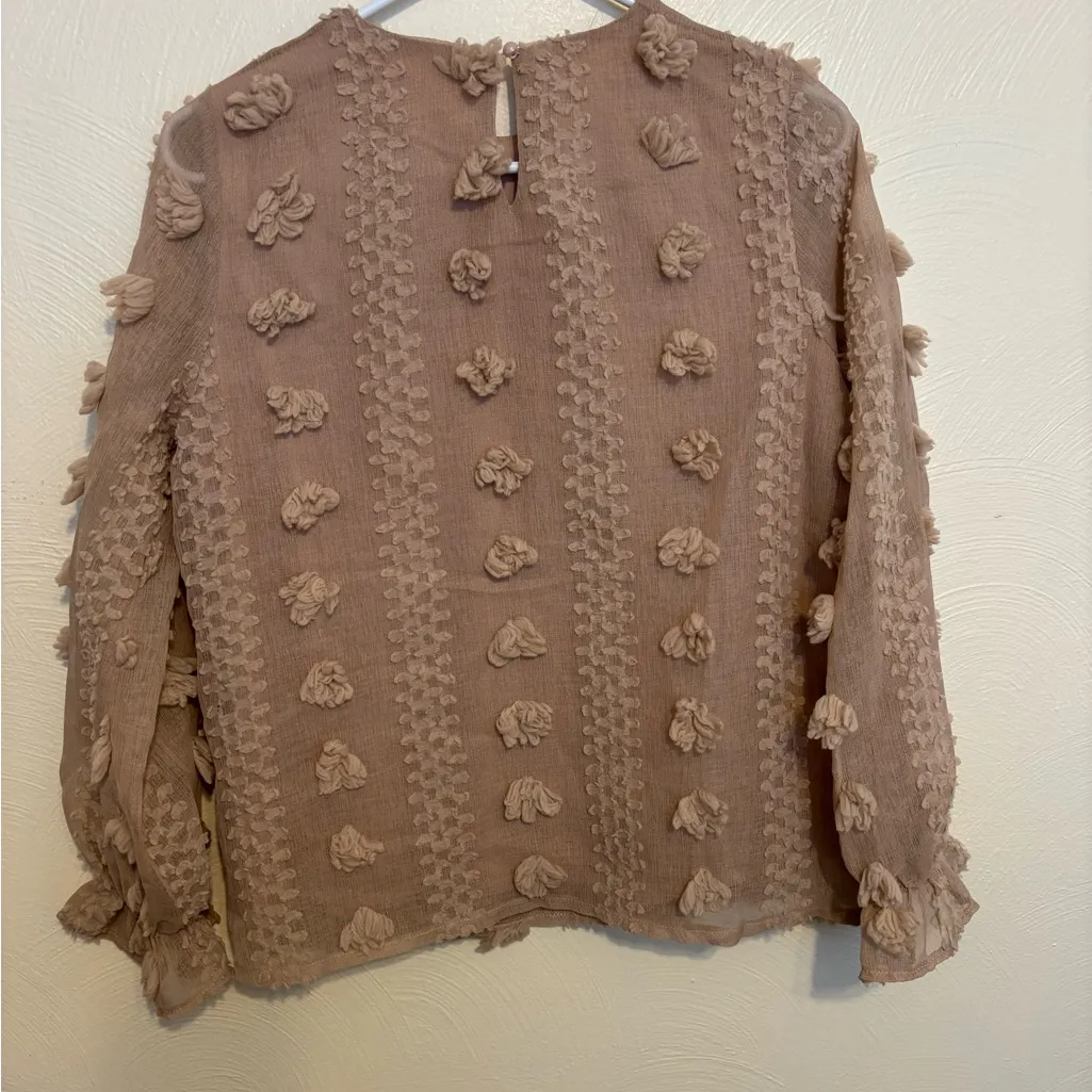 Böhme Textured Pom Detail Sheer Sleeve Blouse – Taupe – XS - Image 8