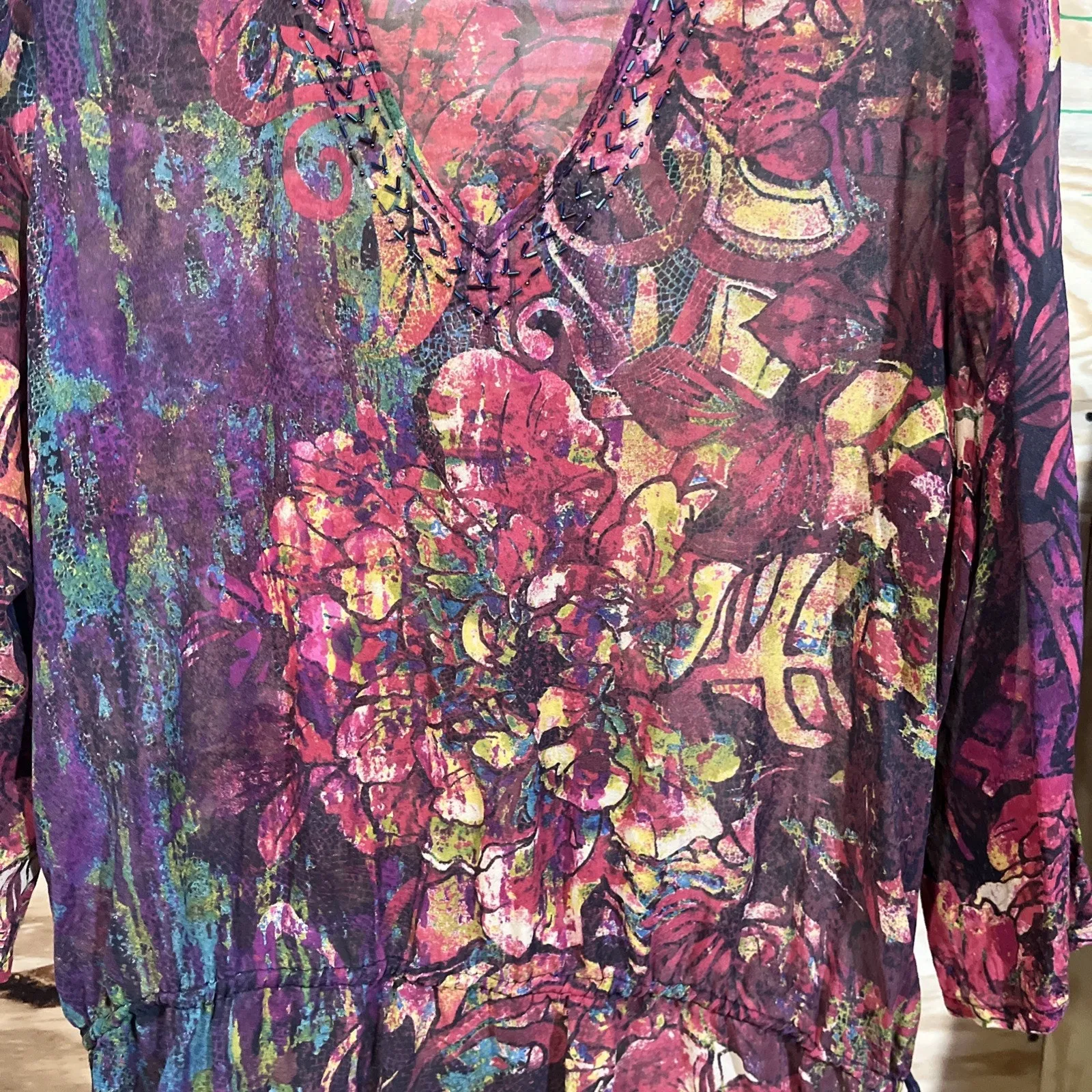 CHICO’s 100% Silk Sheer Chiffon Blouse Top Multicolor Size 3 14 Goblincore Indie - Image 3