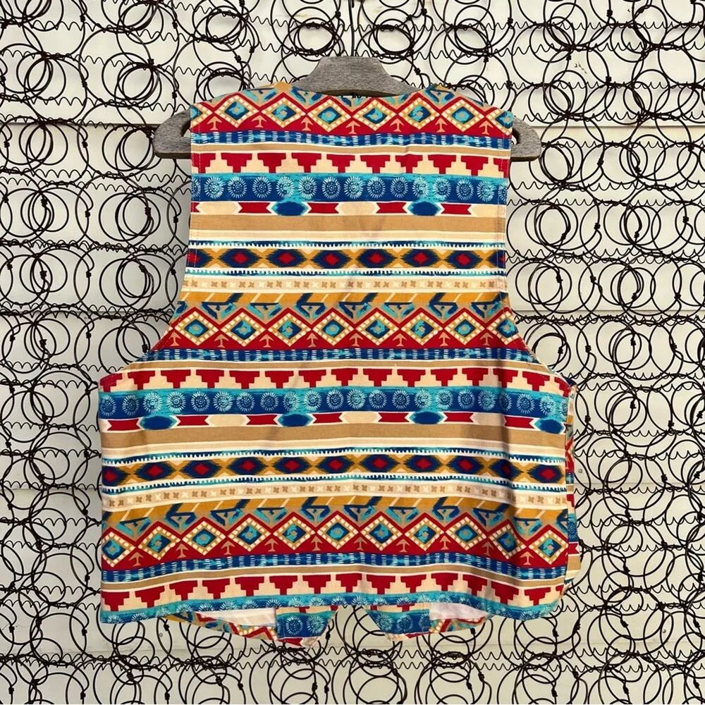 Vintage 90s Bold Aztec Southwestern Stripe Canvas Western Cowgirl Vest Vivaldi Orange Size L - Image 3