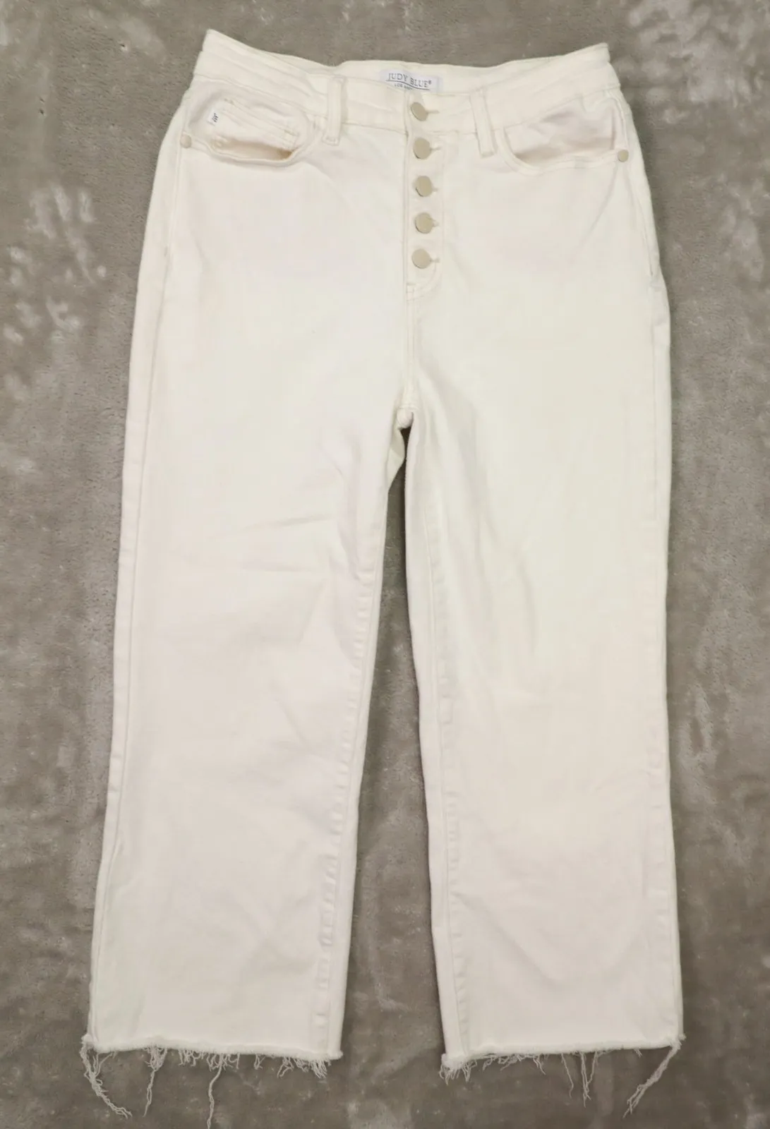 Judy Blue Off White Button Fly Raw Hem Wide Leg Crop Jeans size 11/30 Stretch - Image 1