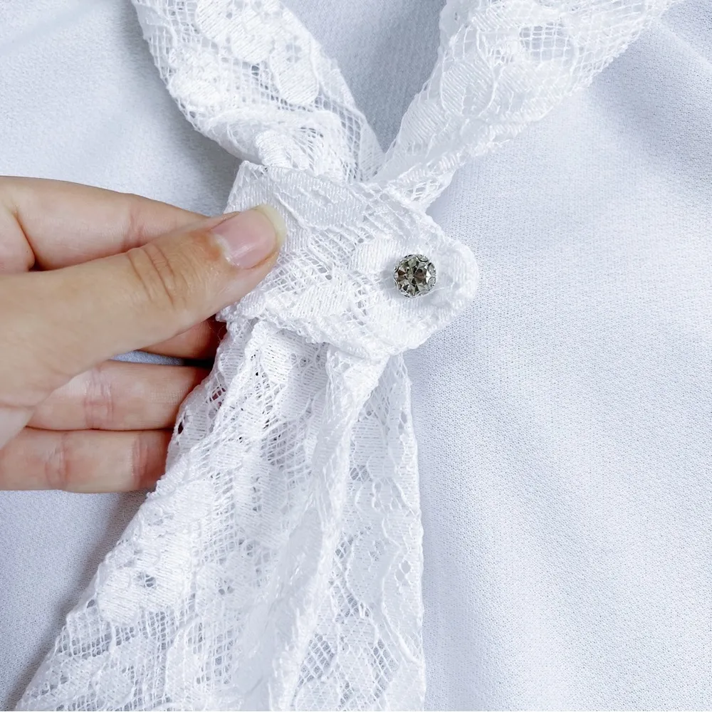 vintage • 70s blouse white lace jabot tie collar secretary polyester popover - Image 5