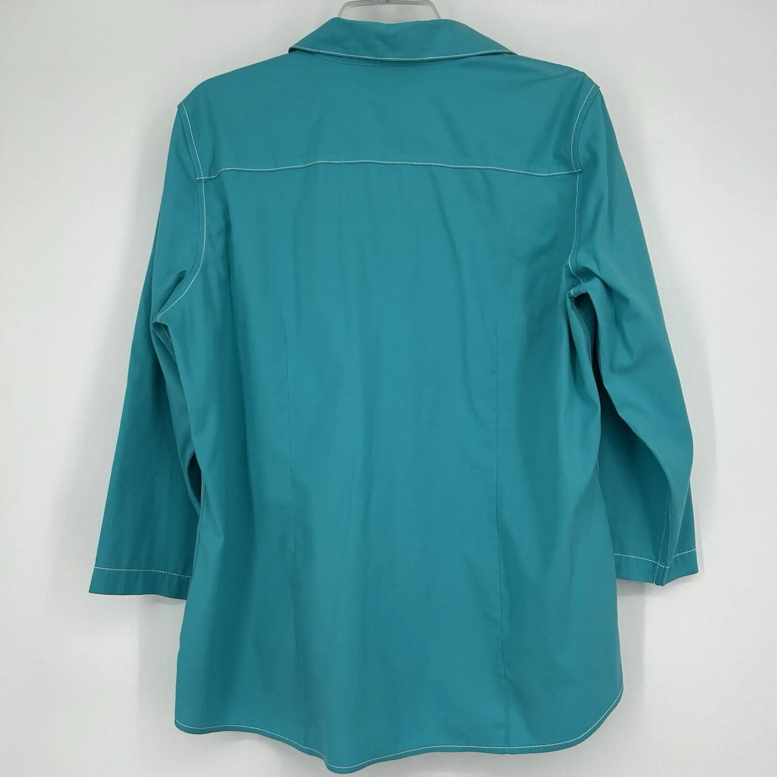 Foxcroft Non Iron Button Up Shirt Fitted Fit Blue 3/4 Roll Tab Sleeves Size 14 - Image 6