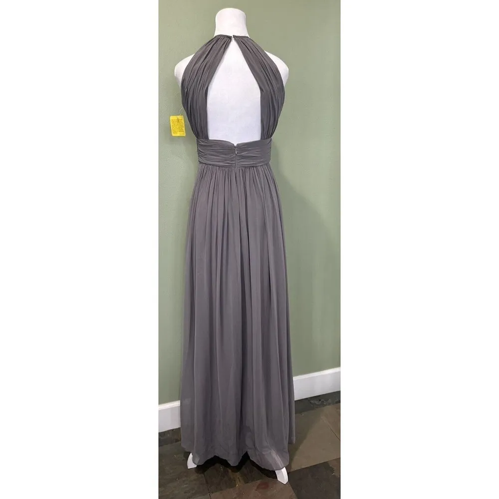 Dessy Collection Dress Sz 4 Halter Maxi Gown Prom Grey Shirred Chiffon Open Back Gray - Image 8