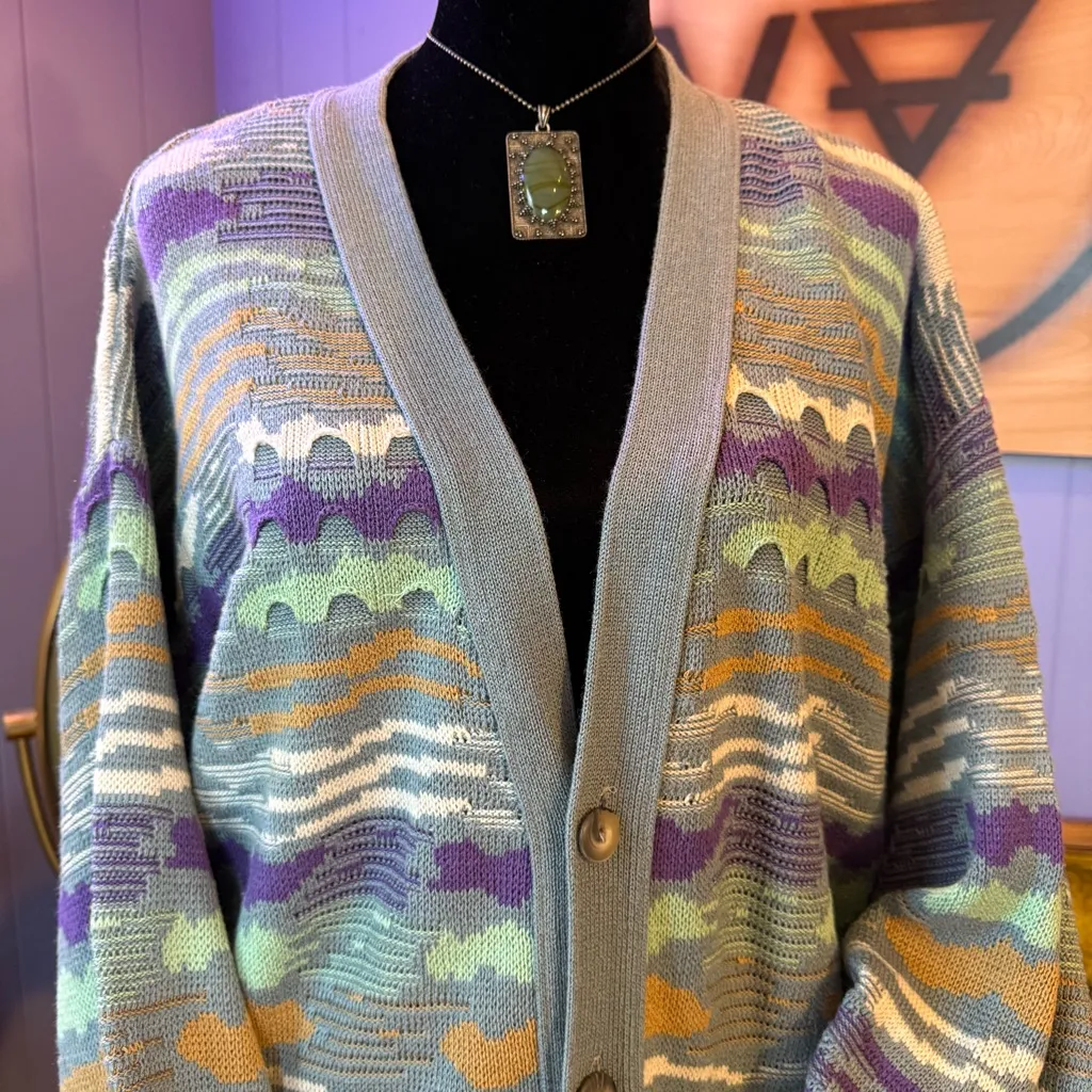 Vintage Pronto Uomo Cardigan Sweater Made in Italy Geometric Design Size L Blue Size L - Image 3