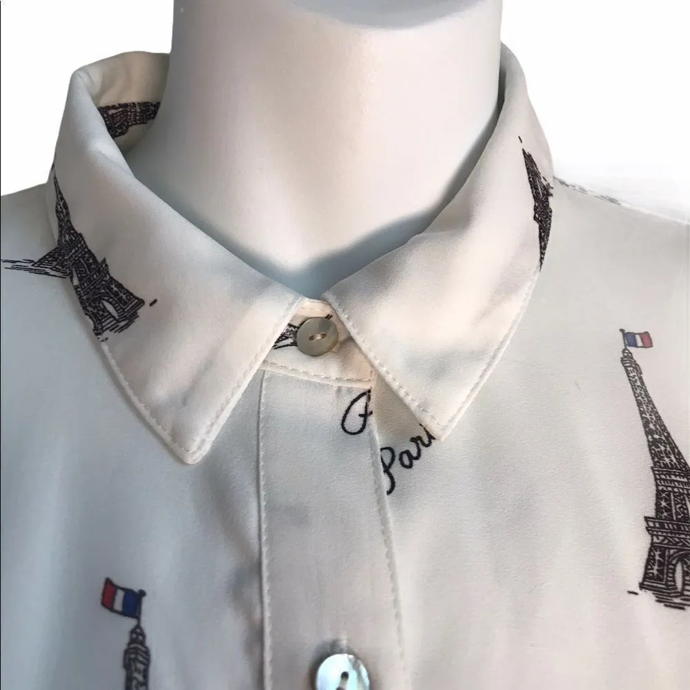 Forever 21 Paris Eiffel Graphic Print Tower Button Down Blouse White S - Image 5