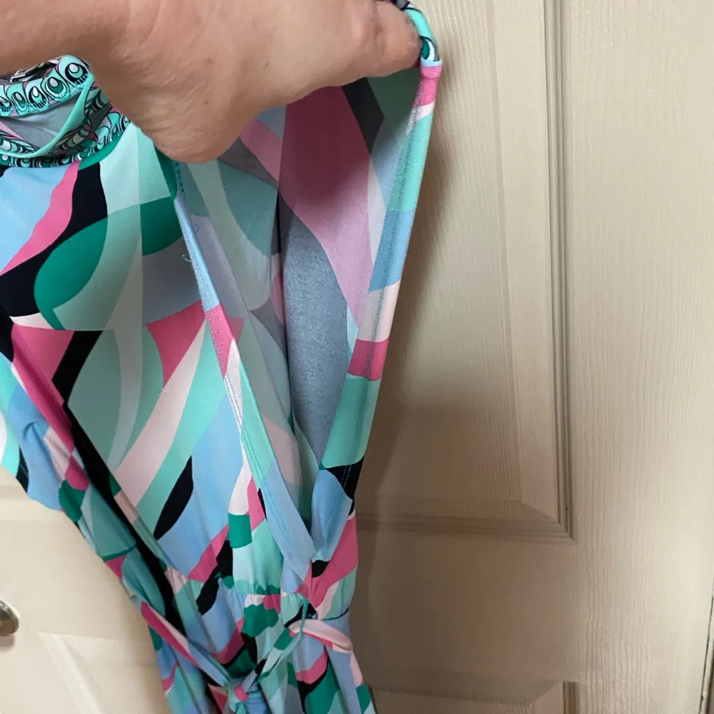 Jennifer Lopez Blue and Pink Geometric Midi Dress - Image 2