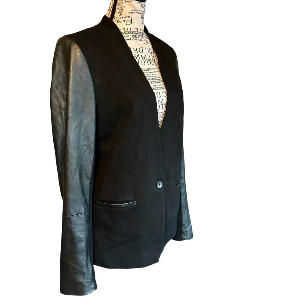 Madewell Size 8 Black Leather Trim Collarless Moto Blazer Jacket Business Casual - Image 3