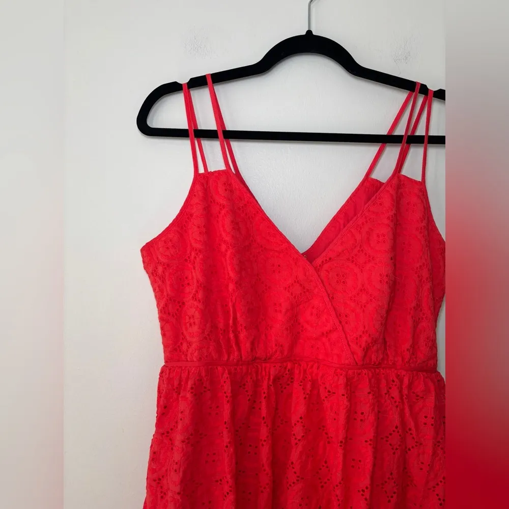 J Crew Coral Red Eyelet Double Strap 100% Cotton Midi Dress Size 10‎ - Image 3