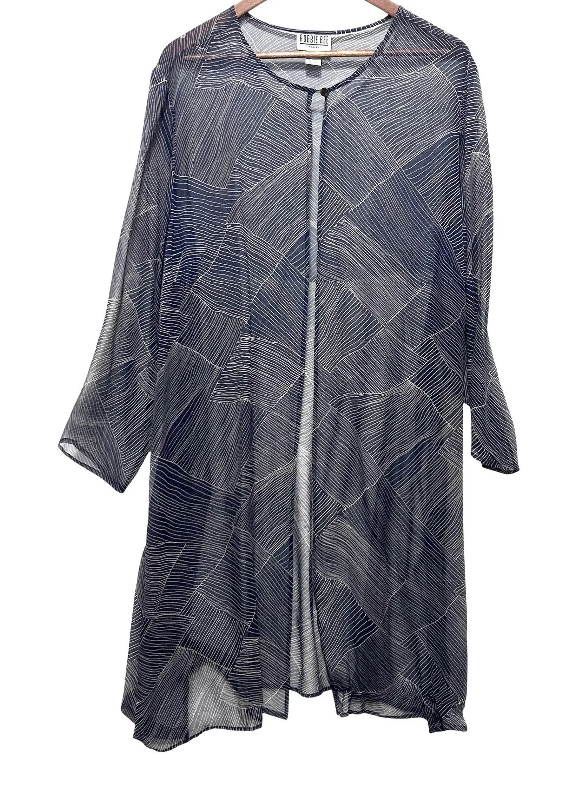 Robbie Bee Woman Duster Cardigan 20W Silk Sheer Open Front Navy Abstract Print - Image 1