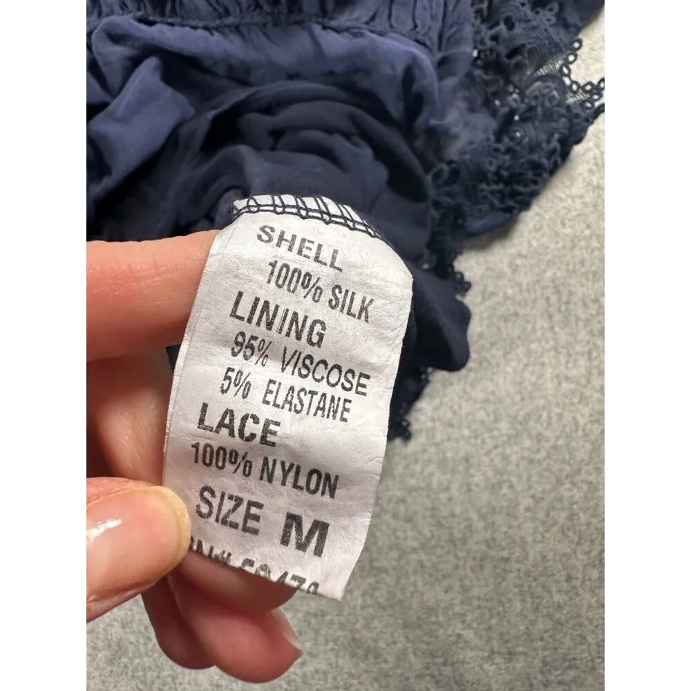 Prontomoda Giusy Medium Top Pure Silk Lace Accent Tunic Blouse Blue Lightweight - Image 5