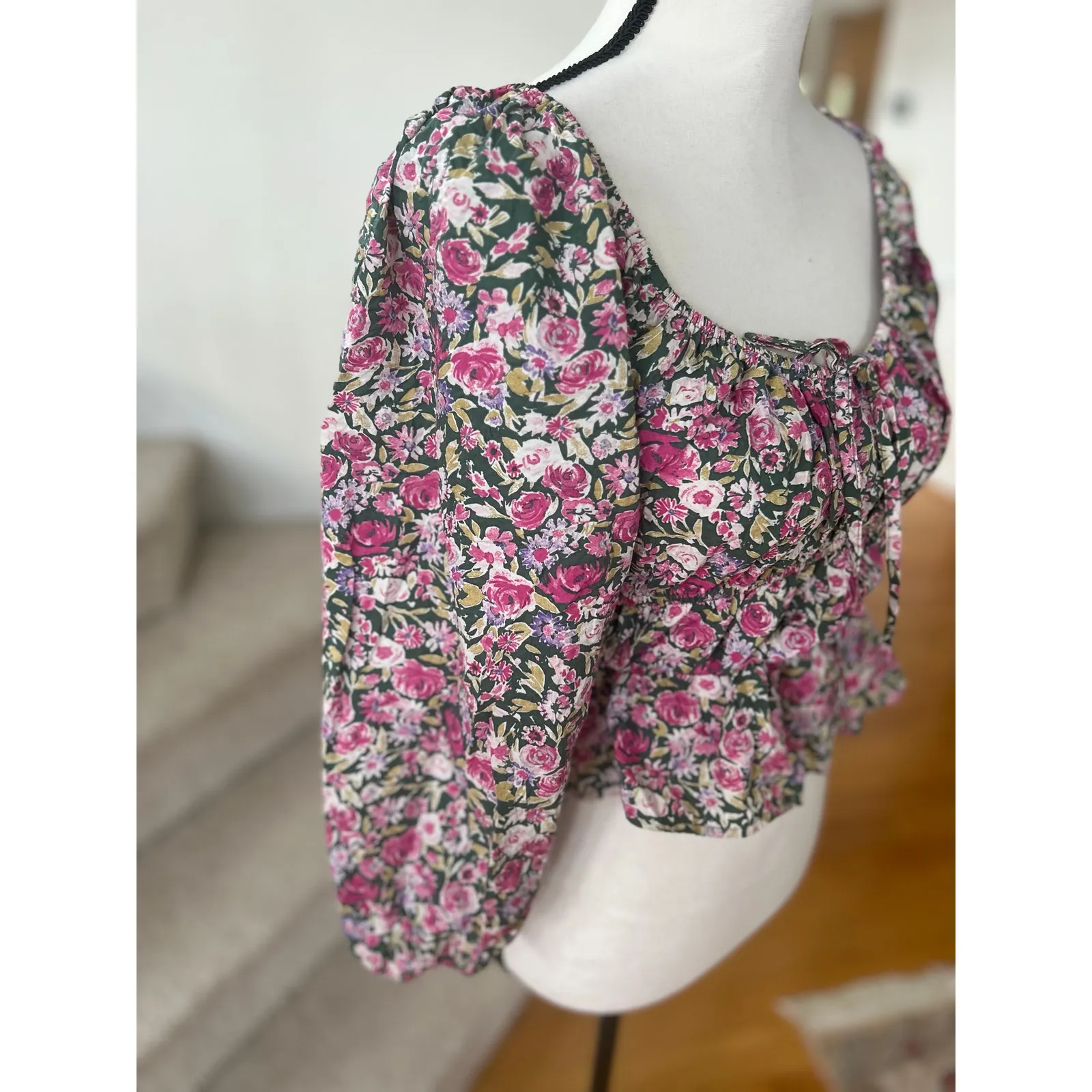 Mango Pink Cottagecore Floral Coquette Shirred Elastic Waist Puff Sleeve Blouse - Image 4