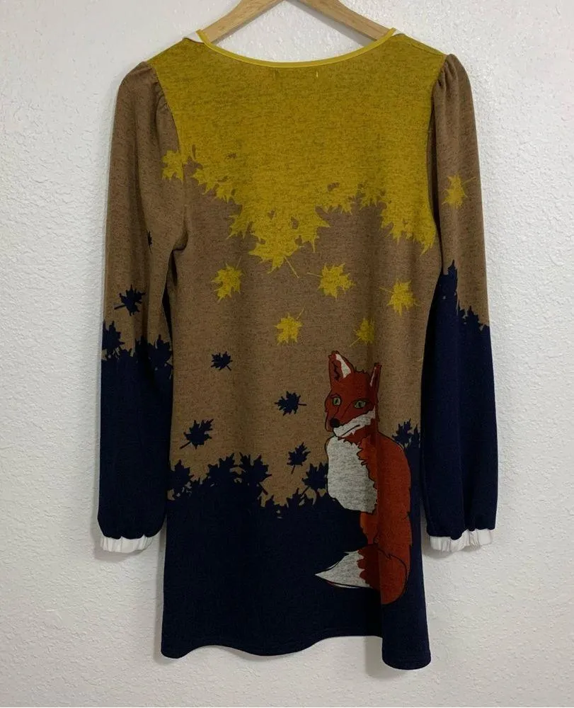 Just Funky Fall Fox in Leaves Long Sleeve Sweater Dress Size S Orange - Image 2