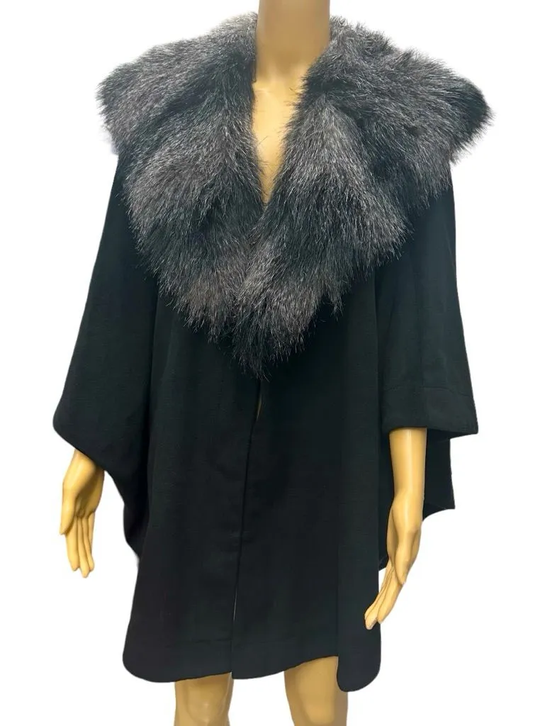 Adrienne Landau Removable Faux Fur Cape Cloak Black Gray Hook Closures One Size - Image 1
