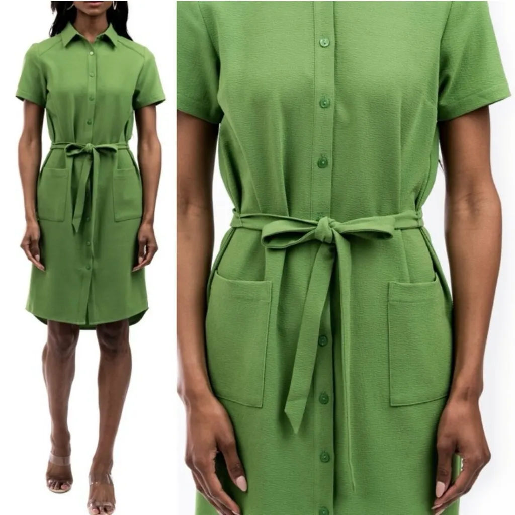Rachel Parcell Everyday Woven Button-Up Belted Shirtdress Dress Green Size Small - Image 3