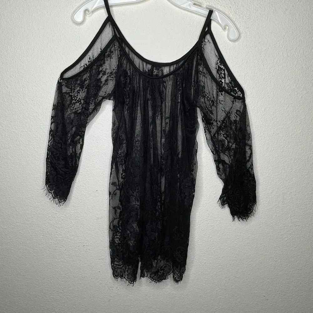 Sheer Lace Cold Shoulder Black Top - Image 5