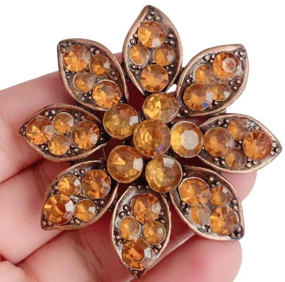 Vintage Brass Tone Gold Orange Rhinestones Summer Flower Pin Brooch - Image 3
