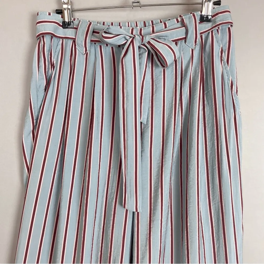 ICHI Pants Wide Leg Blue Striped Tie Belt Cropped Viscose Nylon EU Size 38 Beach Size M - Image 5