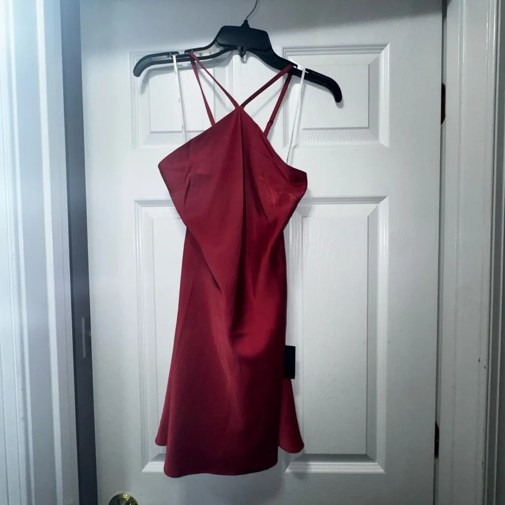 Lulus Rooftop Party Dusty Red Satin Halter Mini Dress - Image 3