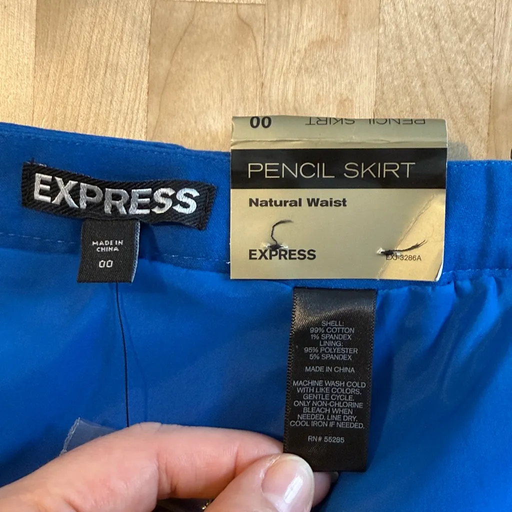 NWT Express Cotton Sateen Cobalt Blue Woven Natural Waist Pencil Skirt, 00 - Image 7