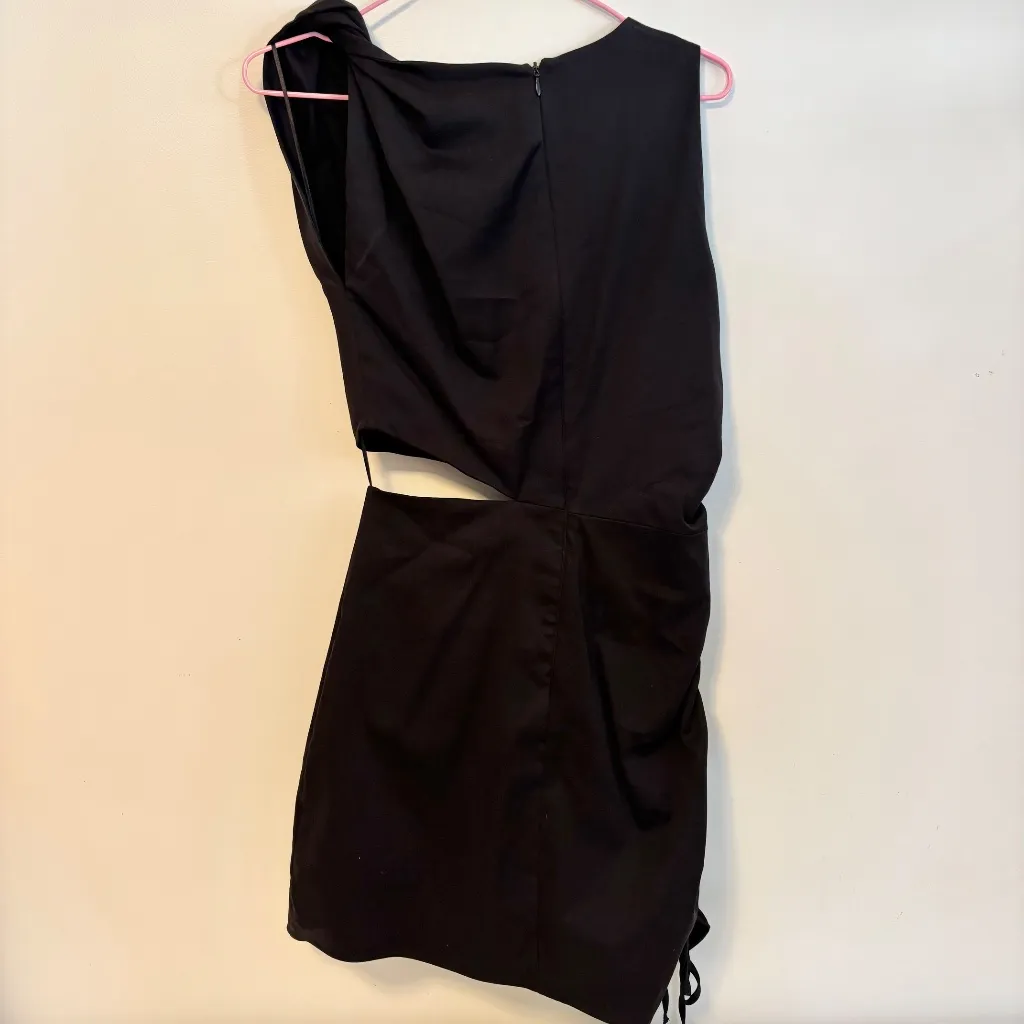 Zara Asymmetrical Cut Out Waist Ruched Gathered Side Mini Dress Black Womens S - Image 3