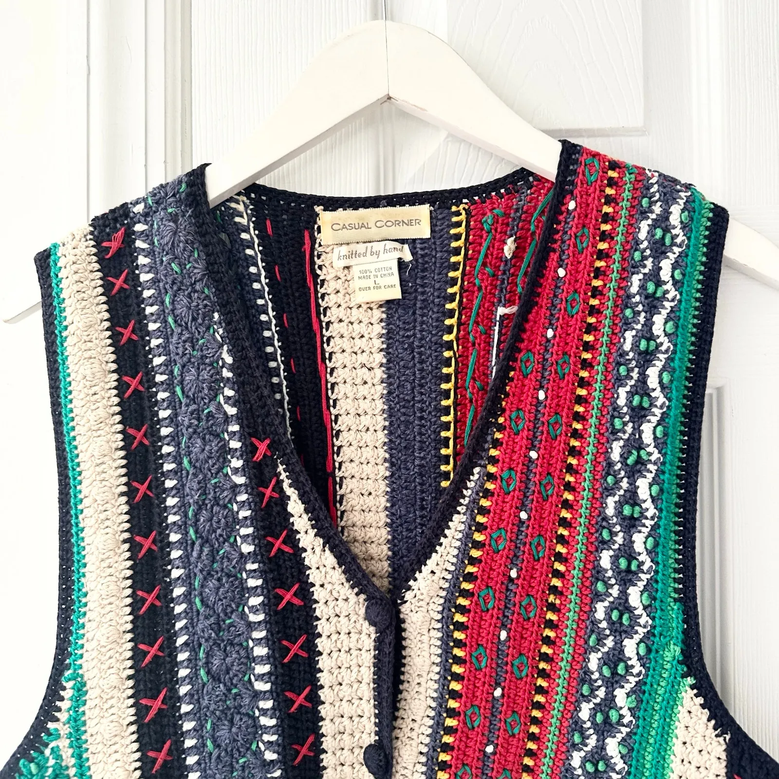 Casual Corner Hand Knit Coogi Style Multi Color Stripe Button Sweater Vest Large - Image 2
