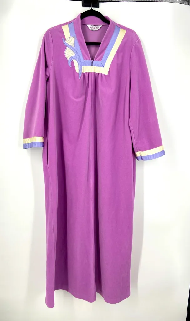 Vanity Fair Long Velour Robe, Housecoat, Lilac zip Front, Vintage - Image 1