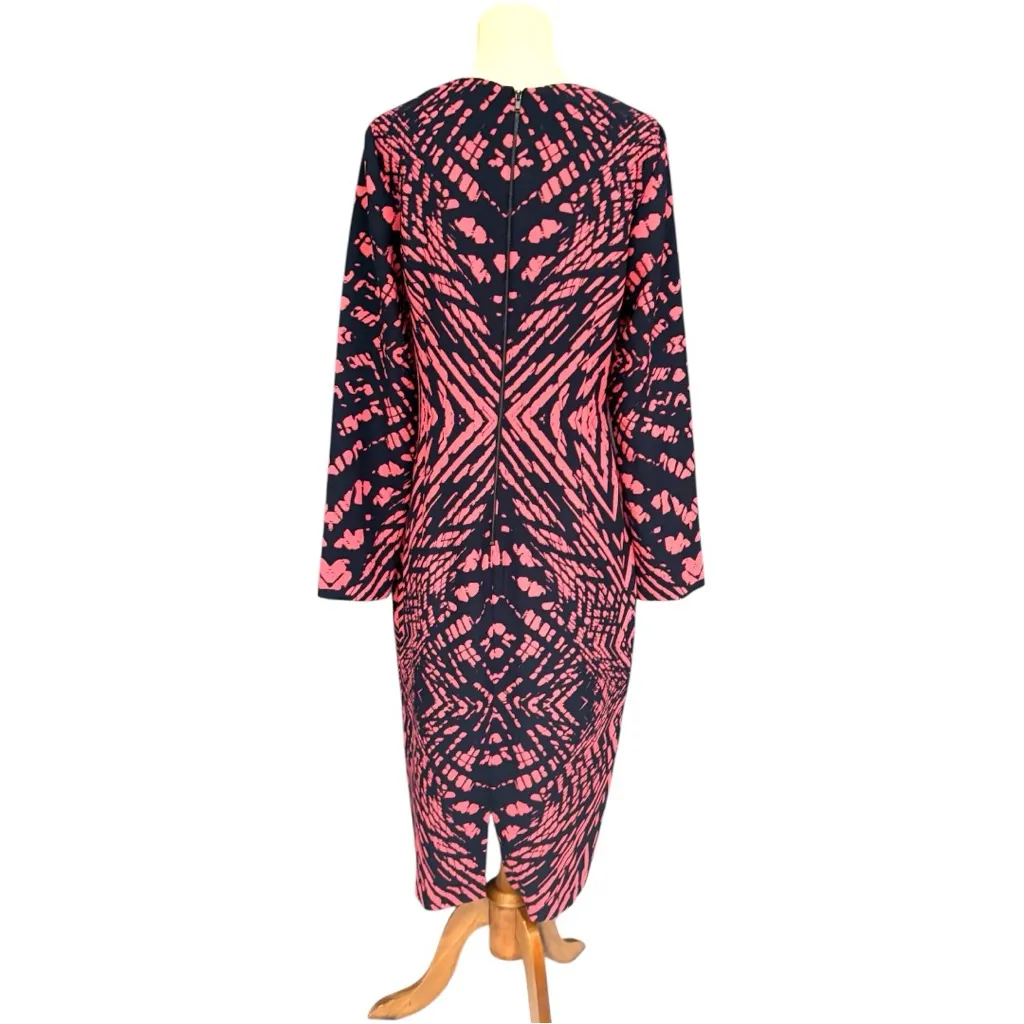Maggy London Abstract Print Long Sleeve Midi Dress Size 10 Black Coral Geometric - Image 6
