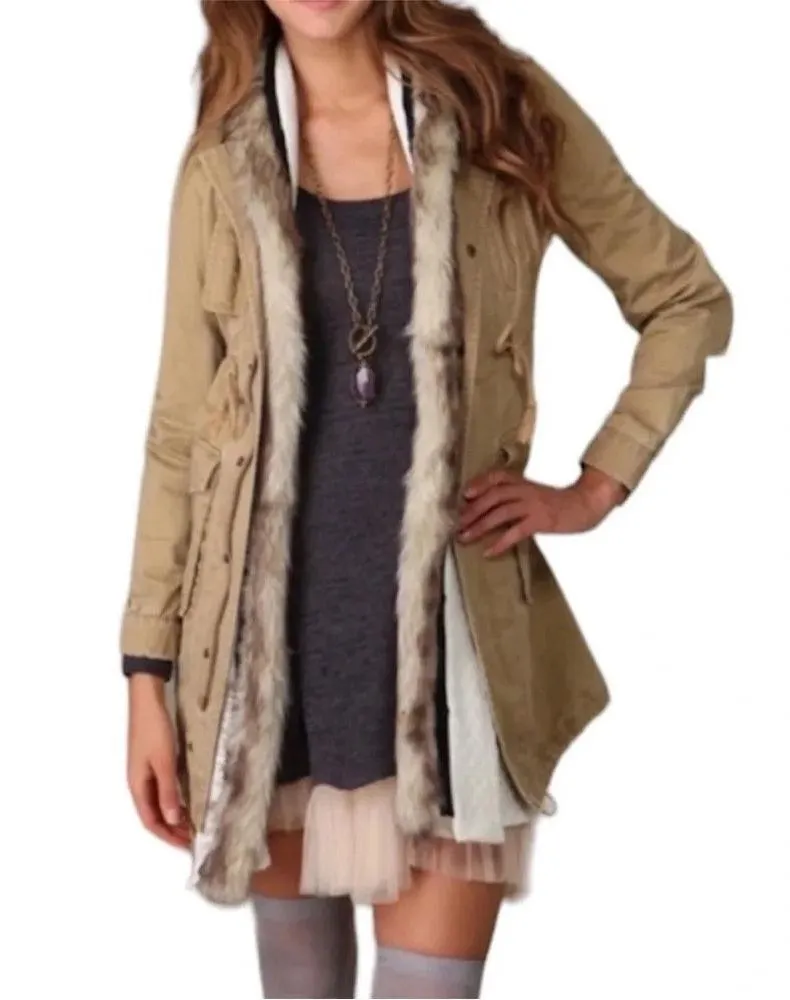 Free People We The Free Boho Field Parka Fur Trim Utility Jacket in Khaki barn - Image 3