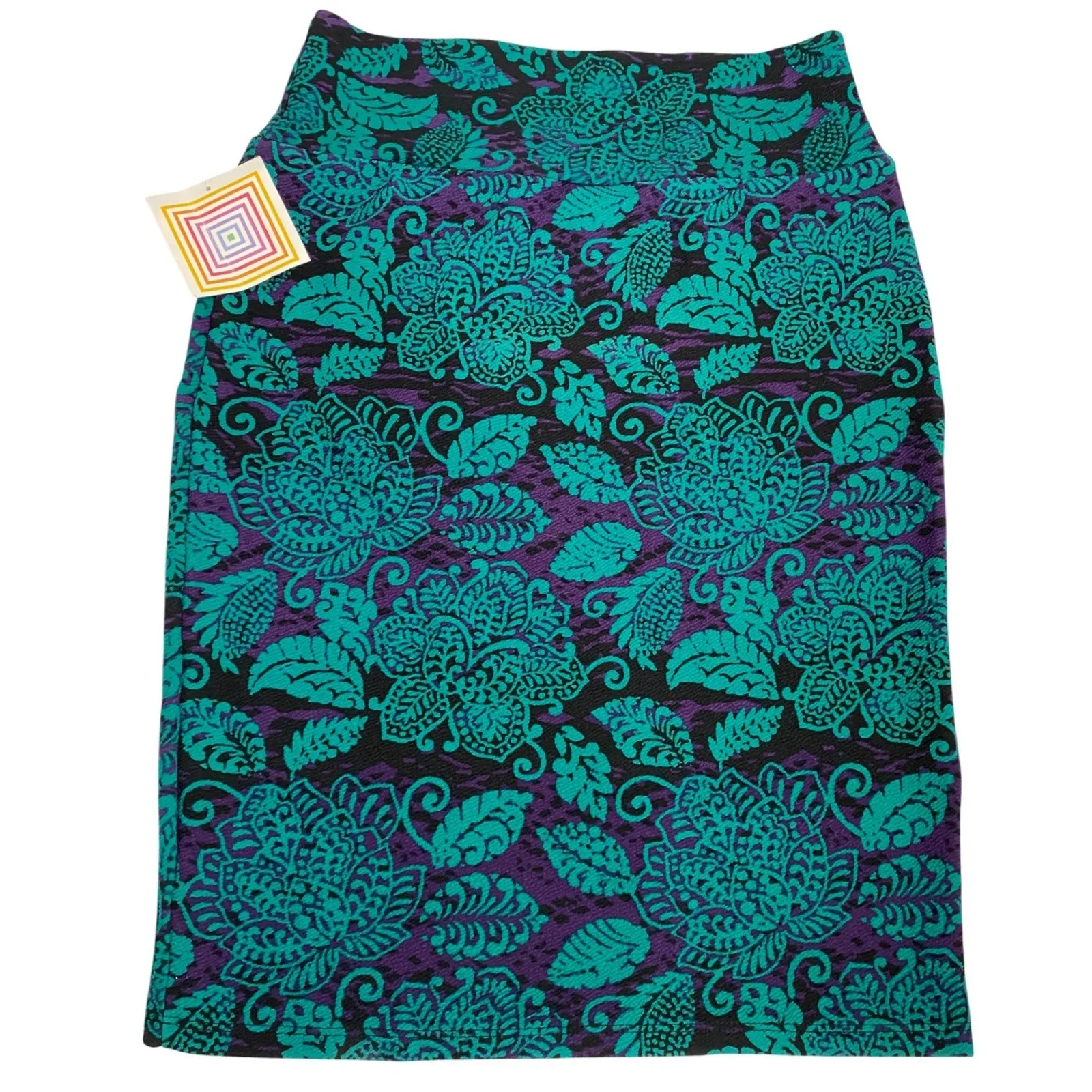 LuLaRoe Cassie Pencil Skirt Purple Teal Floral Textured Knit Size L - Image 2