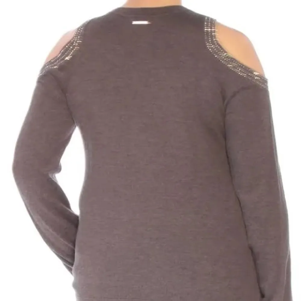 Michael Kors dark gray bell sleeve cold shoulder rhinestone sweater, M, NWT - Image 10