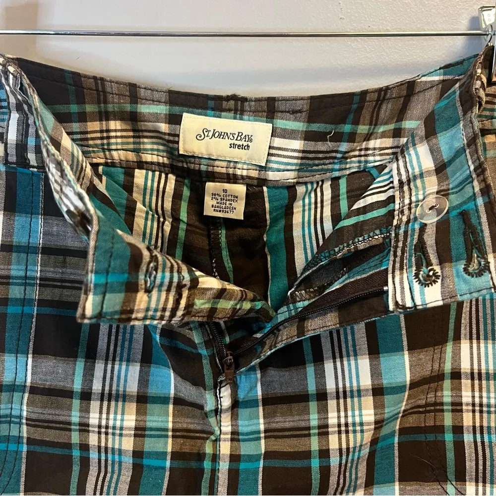 St. John’s Bay Skort Teal Brown White Plaid Skirt w/ Shorts Zip Front Sz 10 EUC - Image 4