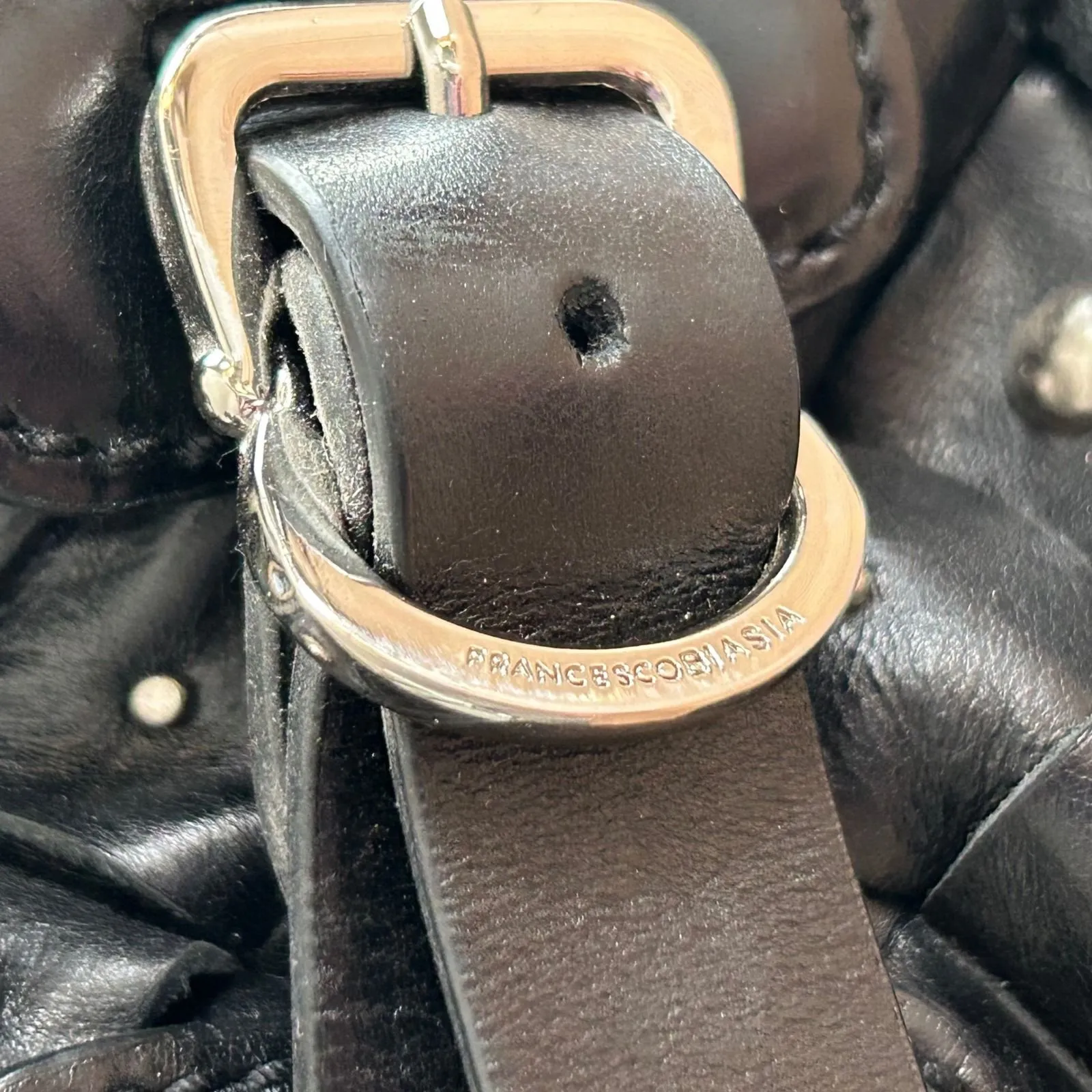 Francesco Biasia Black Woven Leather Studded Satchel Bag Silver Hardware - Image 5