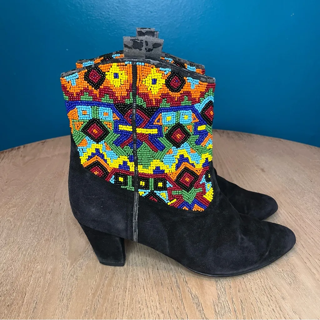 Vintage 70s Beaded Western Boots Beverly Feldman Boho Hippie Women’s Size 8 Black - Image 2